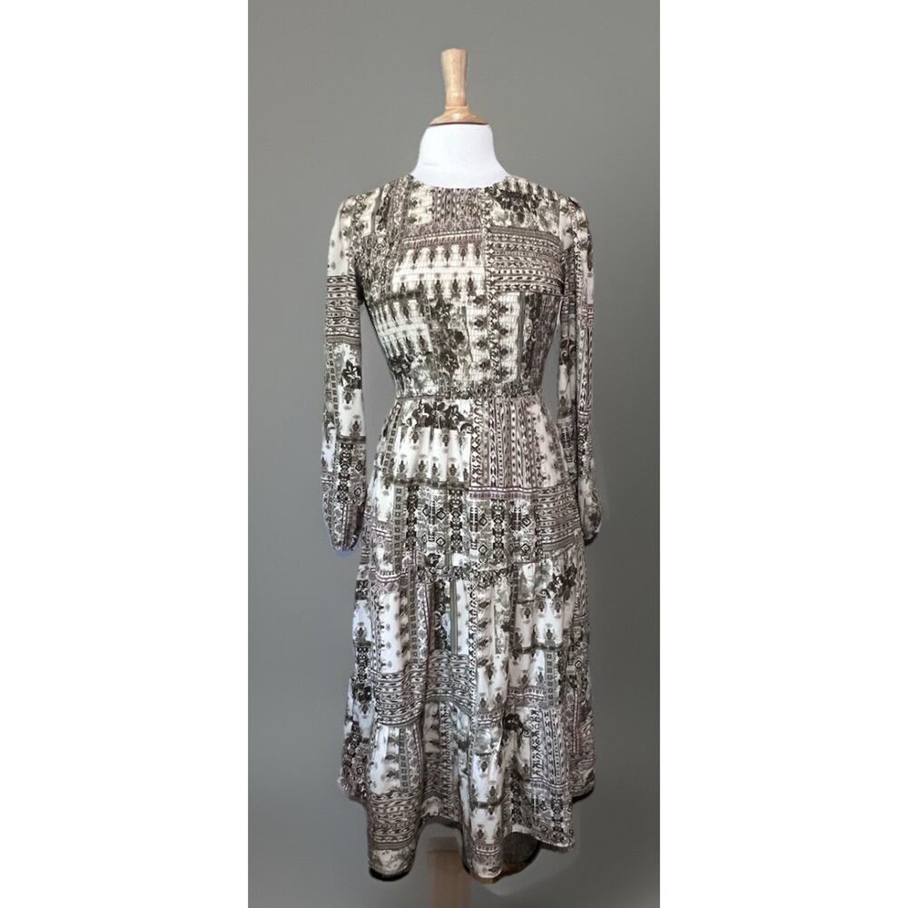 Cal Style Womens S Green Ivory Smocked Hippie Boho Prairie Tiered Long Dress